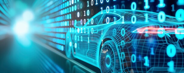 Fototapeta premium Digital car with a blue data code background, technology concept of electric vehicle, binary numbers, futuristic clean tech