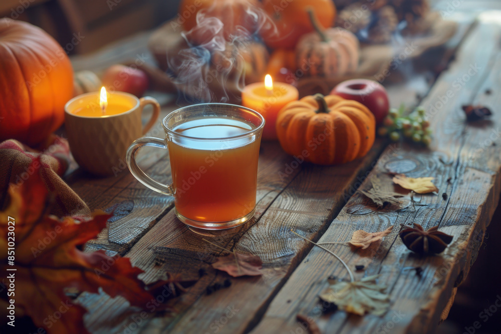 Aufkleber steaming cup of apple cider sits on a rustic wooden table surrounded by autumn decorations, creating