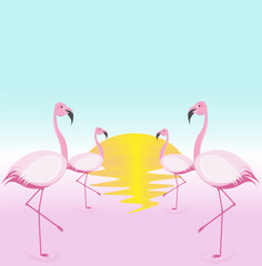 Four pink flamingos stand in a lake of pink water against a background of sunset and blue sky.