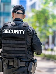 American security guard wearing his uniform with the word SECURITY written on it, he is standing in front of an office building.