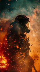 fire background, Heroic Firefighter Battling Intense Flames with Courage and Determination in a Dramatic Rescue Scene