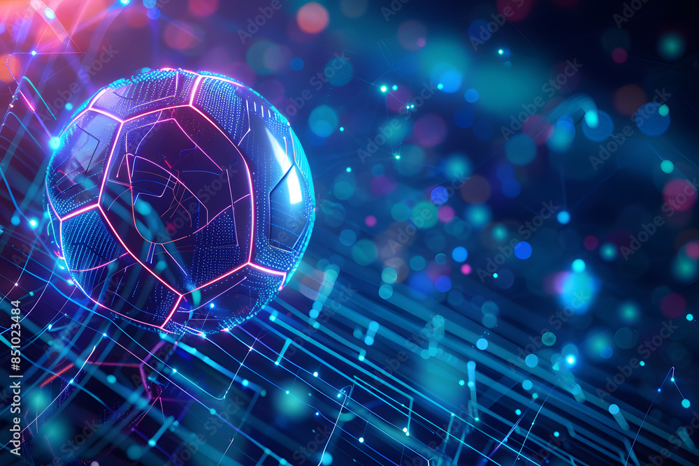 Wall mural football with futuristic technology. colors neon background.