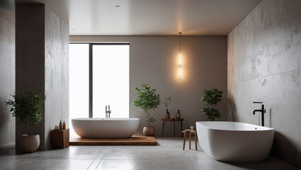 Zen Retreat: Bathroom with an Empty Wall and Natural Elements, Generative AI