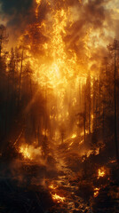fire background, Intense Raging Forest Fire Engulfing Trees with Thick Smoke and Fiery Flames in a Dramatic Nature Scene
