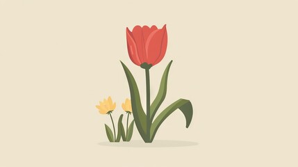   A single red tulip on a beige background with two yellow tulips in the foreground