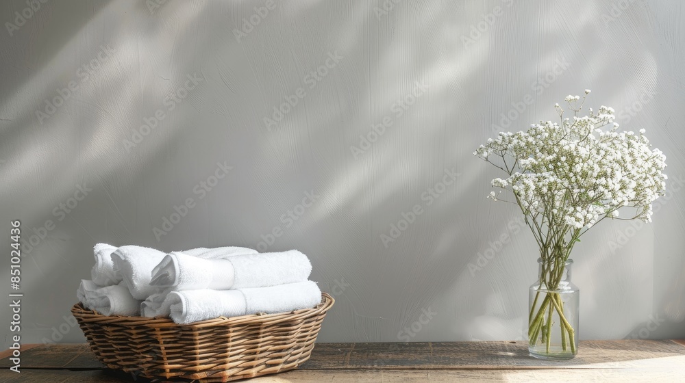 Poster white towels arranged in a basket on a table with space for writing