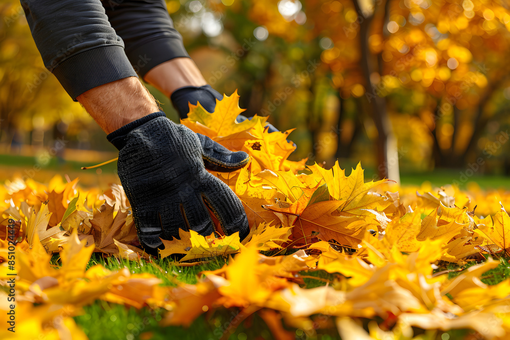 Wall mural Volunteer wearing gloves collects yellow fallen leaves in autumn park.