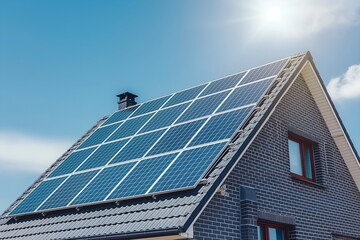Fototapeta premium Solar Panels Installed On A Modern Home Under Clear Blue Sunny Sky, Solar Photography, Solar Powered Clean Energy, Sustainable Resources, Electricity Source