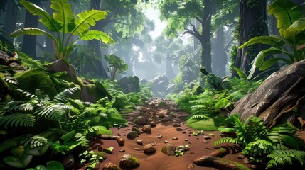 A serene pathway through a vibrant and lush forest with sunlight filtering through the canopy, highlighting the rich greens of various foliage