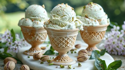   Three ice cream sundaes on a white plate with purple and white flowers