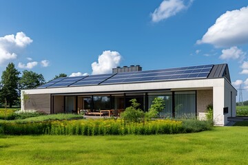 Solar Panels Installed On A Modern Home Under Clear Blue Sunny Sky, Solar Photography, Solar Powered Clean Energy, Sustainable Resources, Electricity Source