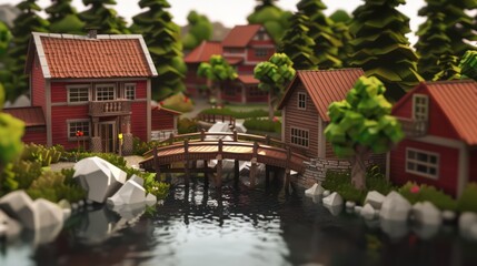 Obraz premium A serene, small-scale model village featuring quaint houses, lush trees, and a charming bridge over a gentle stream
