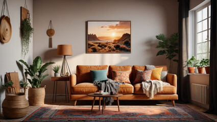 Boho Escape: Serene Room with a Bare Wall and Vintage Accents, Generative AI