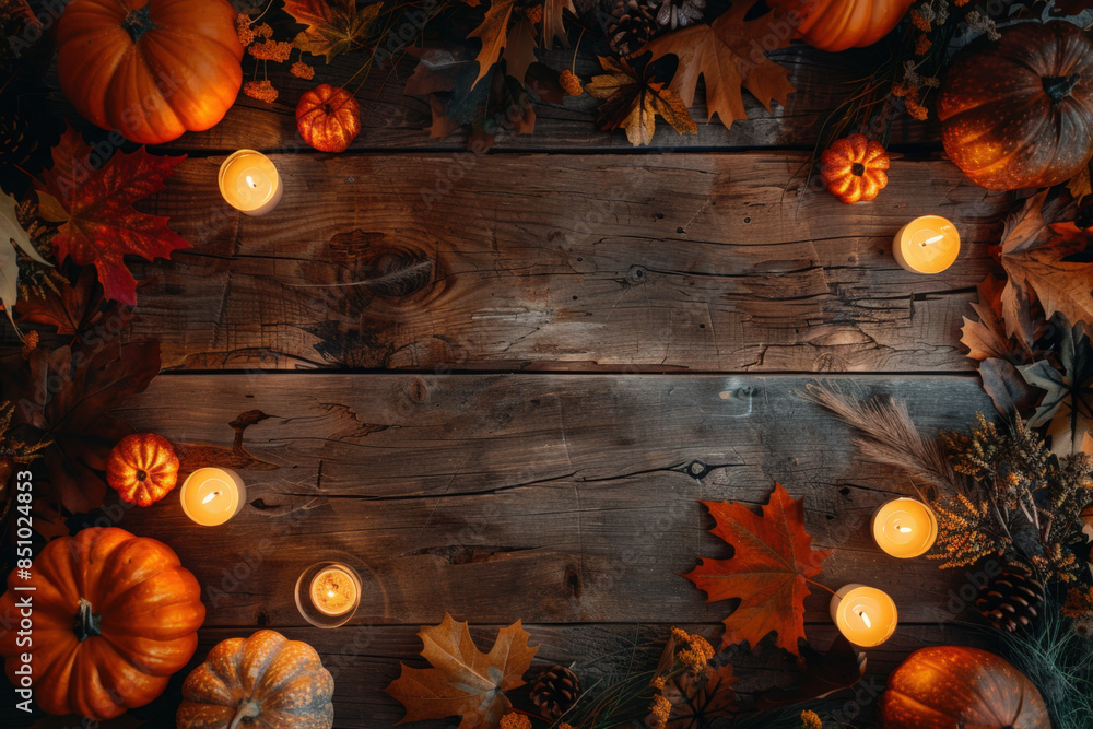 Poster autumn decoration creating a frame with pumpkins and candles on a rustic wooden background with copy