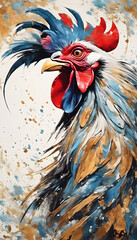 A vibrant and artistic painting of a rooster with colorful feathers, featuring splashes of blue, red, and brown. The background is white with abstract paint splatters. National Chicken Month.