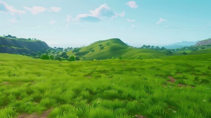 Obraz premium Serene and vibrant digital rendering of a lush green landscape with rolling hills under a blue sky with fluffy clouds
