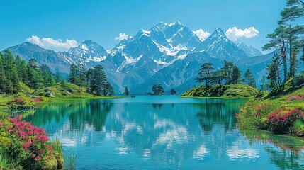 Fototapeta premium A vibrant depiction of a mountain lake surrounded by a bouquet of pink blossoms and set against the serene backdrop of a blue sky dotted with fluffy clouds