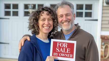 Happy smiling couple holding a "FOR SALE BY OWNER" sign in front of their property looking at the camera