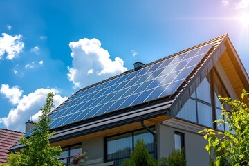 Solar Panels Installed On A Modern Home Under Clear Blue Sunny Sky, Solar Photography, Solar Powered Clean Energy, Sustainable Resources, Electricity Source