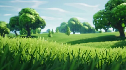 This image depicts a vibrant, cartoon-style landscape with rich green grass in the foreground and a series of lush trees in the background under a clear sky