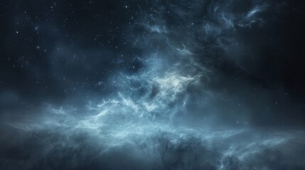 Peaceful night at sea with misty celestial vista and glowing constellations