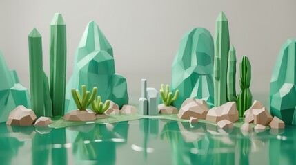 A serene low-poly digital art scene featuring green crystal formations alongside rocks and plants on a reflective surface