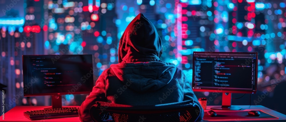 Wall mural a hacker in a hoodie works on multiple screens with code, illuminated by neon city lights, represent - Wall murals