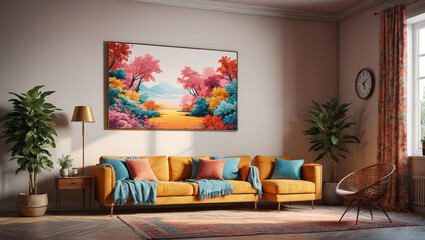 Vintage Comfort: Tranquil Room with an Empty Wall and Retro Fabrics, Generative AI