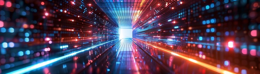 Abstract digital data stream - colorful light beams and binary code blending into the distance, representing technology and information transfer.