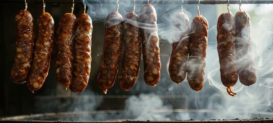 The process of smoking sausage hangs in the cabinet with smoke. Clouds of smoke rise up and envelop the sausages hanging in a row. 