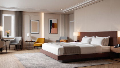 A comfortable hotel suite with neutral colors against a plain backdrop, offering a welcoming space for travelers to unwind and feel at home, Generative AI