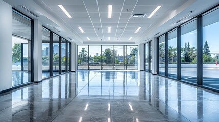 Fototapeta premium Large, bright commercial space with numerous windows, clean and modern interior, ideal for real estate purposes, open floor plan, natural light filling the room, polished and professional look