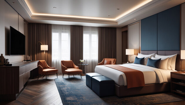 A sophisticated hotel suite featuring deep tones against a plain backdrop, offering a refined and elegant space for travelers to experience luxury and tranquility, Generative AI