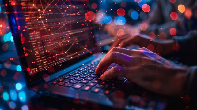 Close-up of hands typing on laptop keyboard with computer code on screen and colorful bokeh lights in the background, technology concept