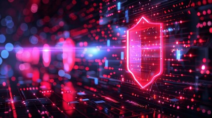 Fototapeta premium Cyber security concept with a digital shield and abstract data network, protecting from cyber threats and data breaches.