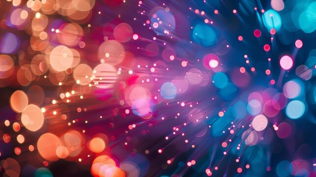 Fiber optics close-up, colorful abstract lights, holiday-themed bokeh, optic communication technology, luminous fibers creating a dreamy, festive atmosphere