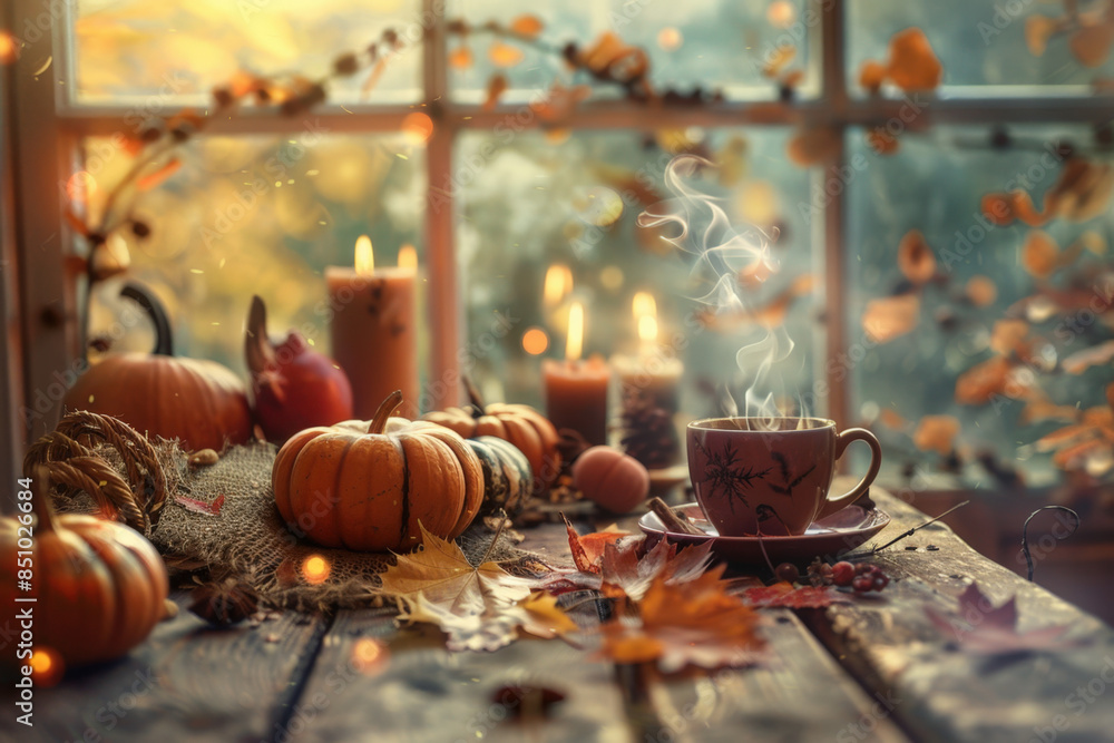 Poster steaming cup of coffee sits on a rustic table with autumn decorations, creating a cozy and inviting 