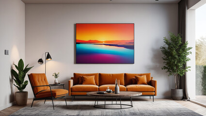 Modernist Retreat: Relaxation Room with a Bare Wall and Contemporary Art, Generative AI