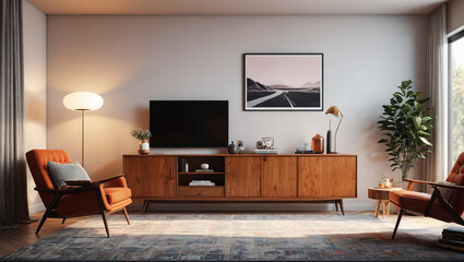 Retro Modern Retreat: Calm Room with a Bare Wall and Retro Modern Decor, Generative AI