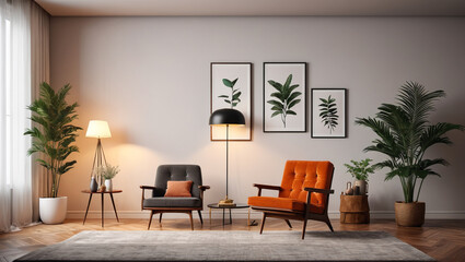 Iconic Serenity: Relaxation Room with a Bare Wall and Midcentury Icons, Generative AI