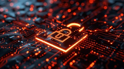 Obraz premium Digital padlock glowing on an illuminated circuit board, symbolizing cybersecurity, data protection, and secure technology infrastructure.
