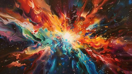 Explosion of vibrant forms radiates in bold colors and swirls on dark background