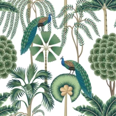 Tropical vintage palm trees, peacock bird floral seamless pattern white background. Exotic jungle wallpaper.