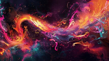 Chaotic dance of neon ribbons and light tendrils against a dark background