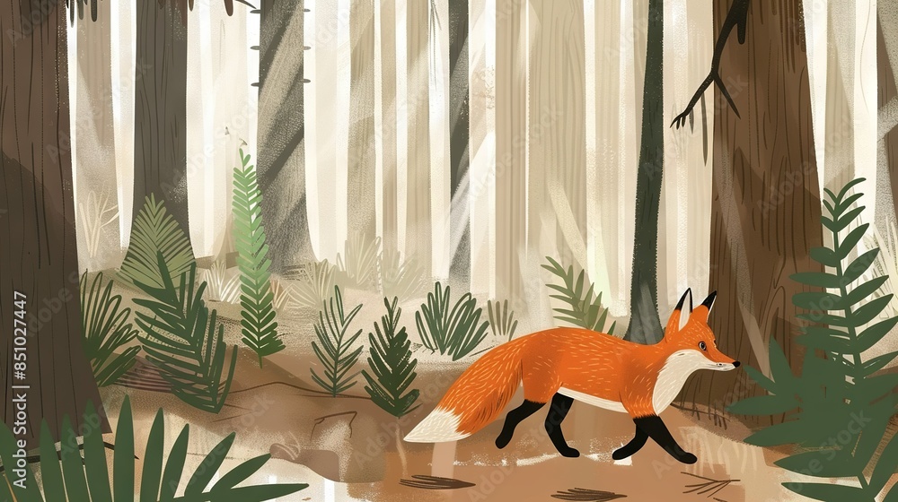 Sticker   A red fox walks through a dense forest, surrounded by towering trees and lush green foliage