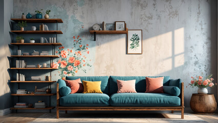 A serene lounge with a faded floral sofa and rustic wooden shelves, embodying timeless beauty, Generative AI