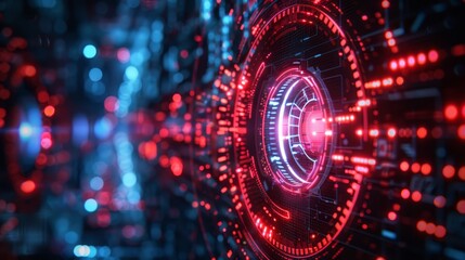 Futuristic digital technology background with glowing red and blue circuitry, representing advanced data processing and cyber innovation.