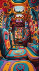 Naklejka premium Colorful psychedelic van interior with vibrant, abstract patterns and designs, filled with rainbow hues and artistic elements.