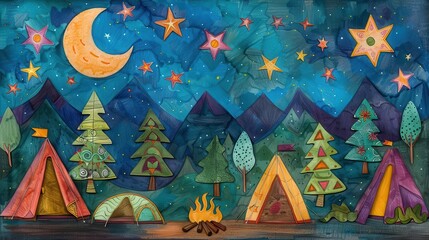 Colorful illustration of a nighttime camping scene with tents, trees, a campfire, moon, and stars in a whimsical style.