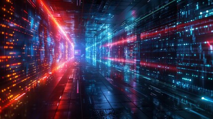 Obraz premium Futuristic neon-lit corridor with vibrant digital interface, depicting advanced technology and cyber themes in a sci-fi setting.